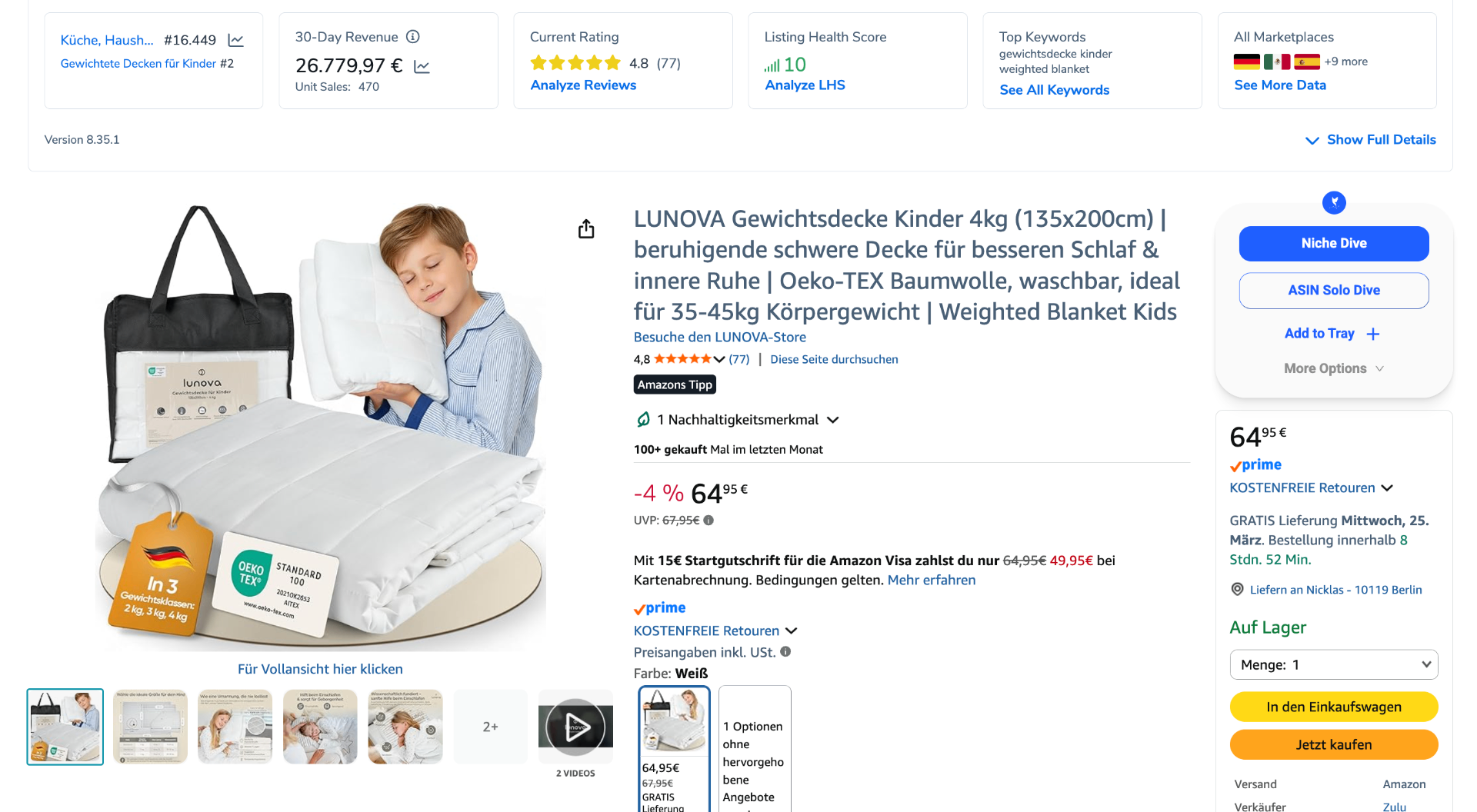 Amazon Listing & Umsatz Beispiel – Gewichtete Decken für Kinder
