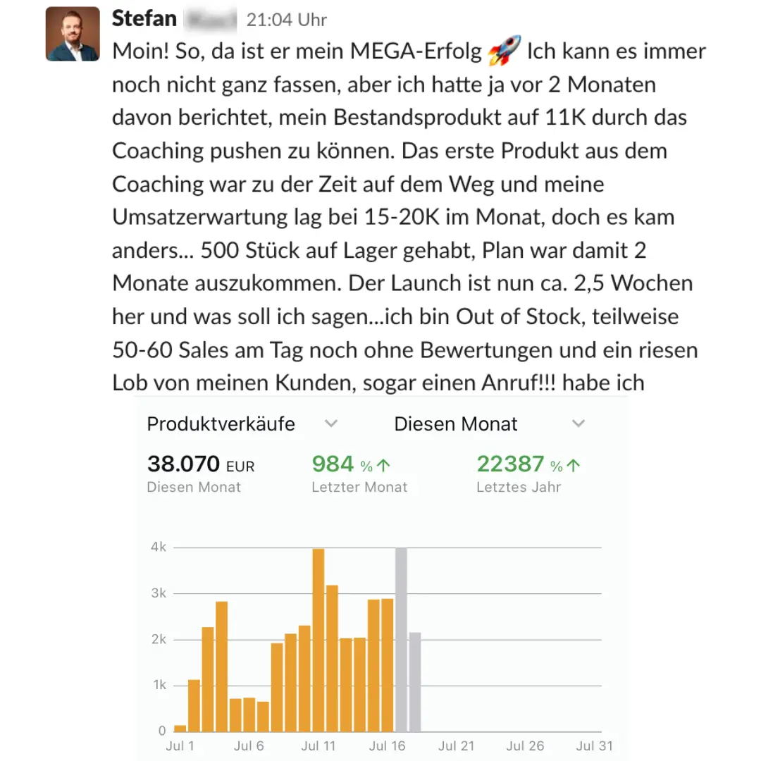 Slack Nachricht Stefan: 38.070€ Monatsumsatz nach Launch