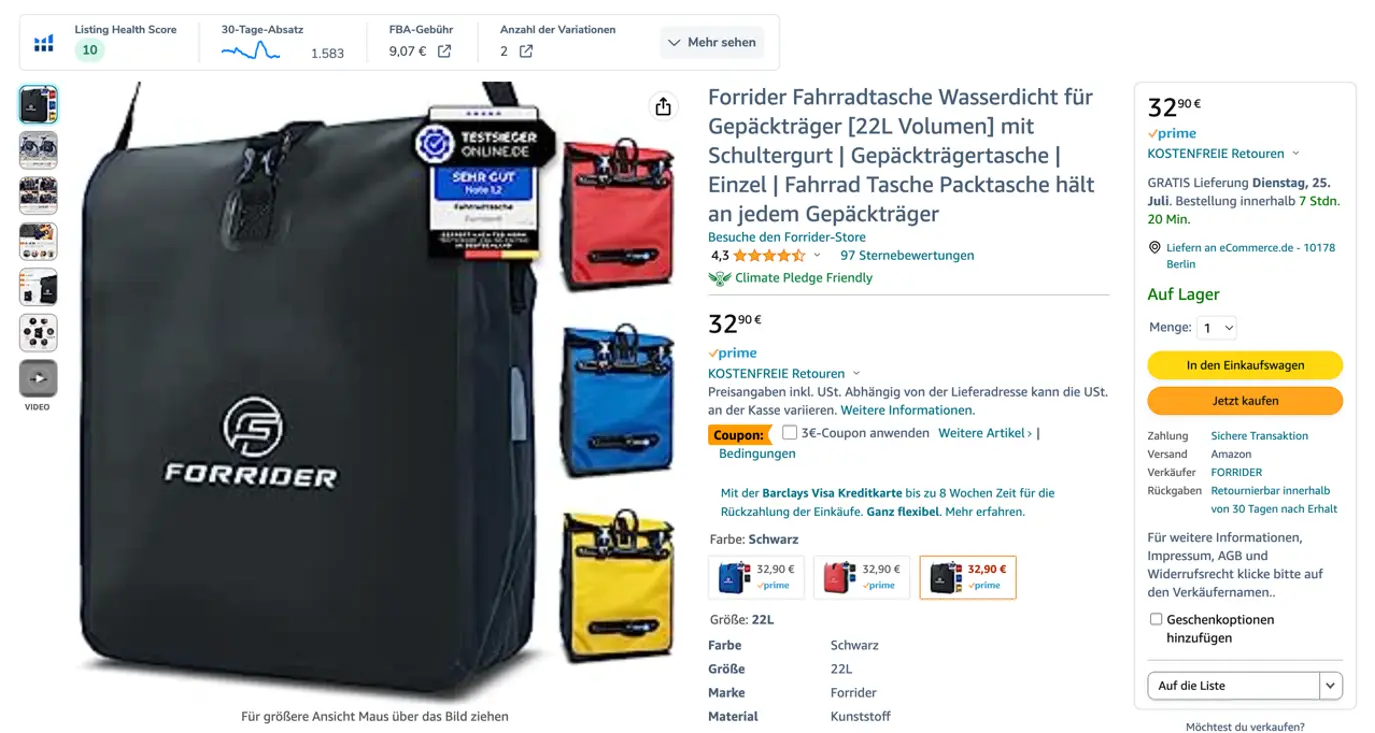 Forrider Fahrradtasche Amazon Listing