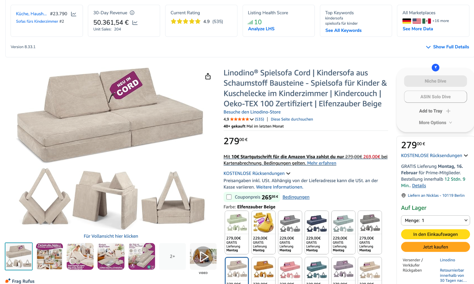 Amazon Listing & Umsatz Beispiel – Sofas fürs Kinderzimmer
