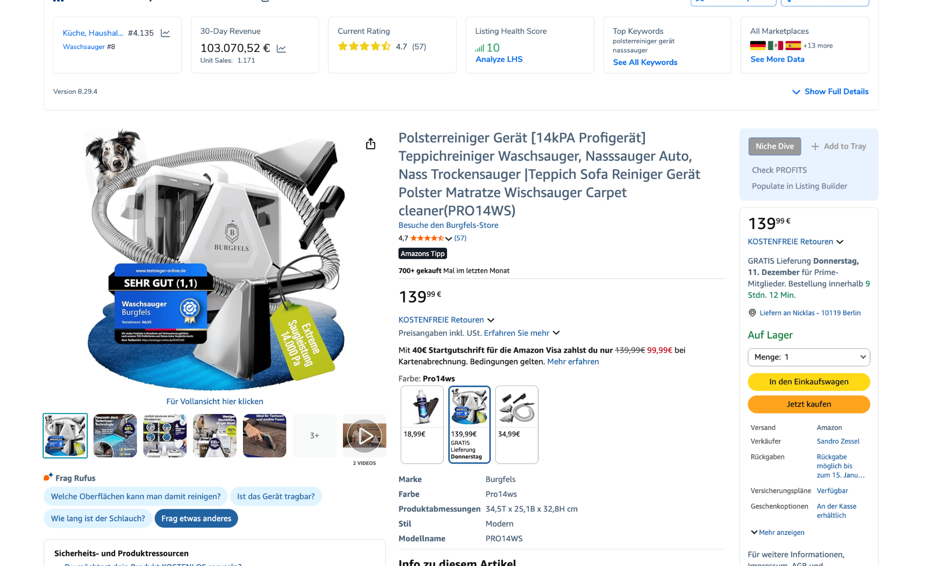 Amazon Listing & Umsatz Beispiel – Waschsauger