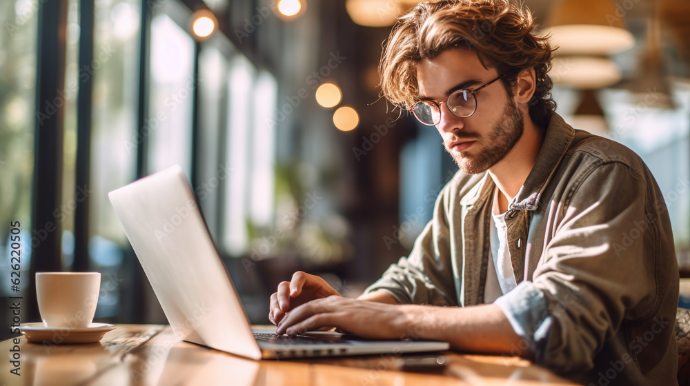 Junger Mann arbeitet am Laptop, Junge Freiberufler oder Student mit Computer im Café am Tisch und schaut in die Kamera.